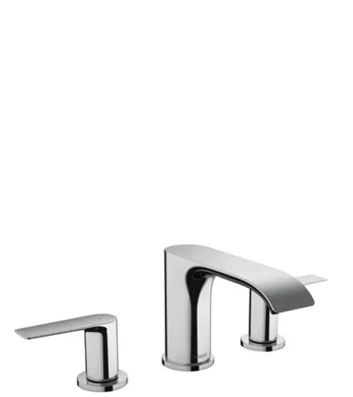 Hansgrohe Waschtischarmatur in Chrom mit drei Teilen: zwei Hebeln und einem Wasserhahn. Jede Komponente hat eine klare, moderne Form und ist auf einer weißen Fläche abgebildet.